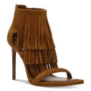 Steve Madden Fringly Brown Suede Fringe Stiletto Heel Sandals Size 5.5 brown/tan